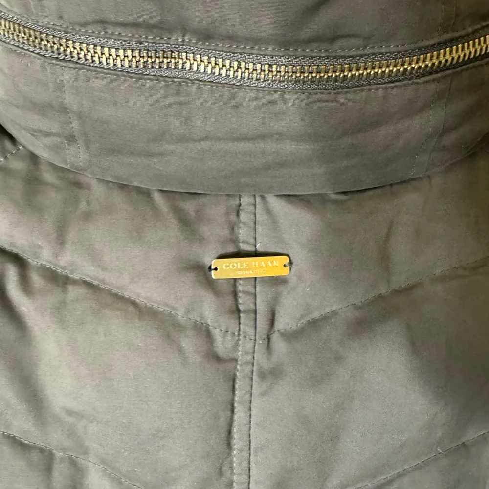 Cole Haan Signature Olive Down Puffer Jacket XS | Gold Zip Hooded‎ Quilted Coat
